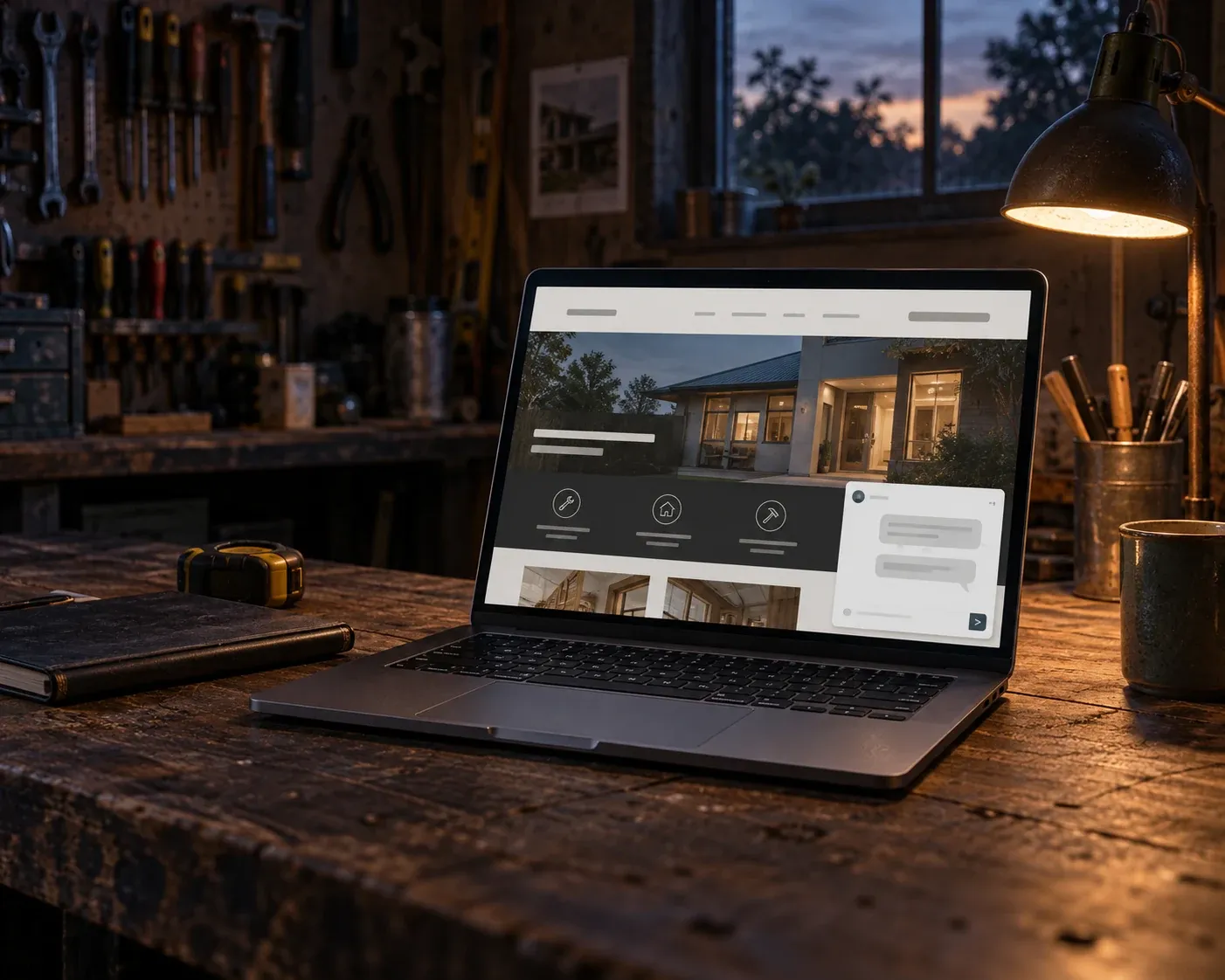 An illustrated example of website chat on a laptop in a workshop.