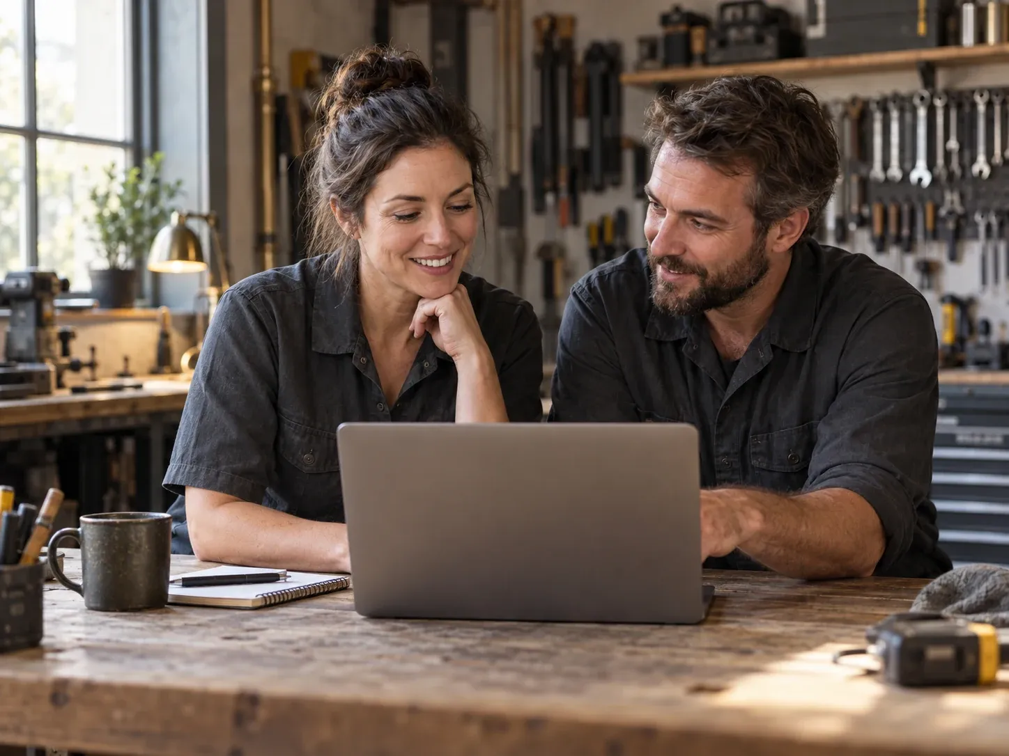 An AI-created scene of two people reviewing a laptop together in a workshop.
