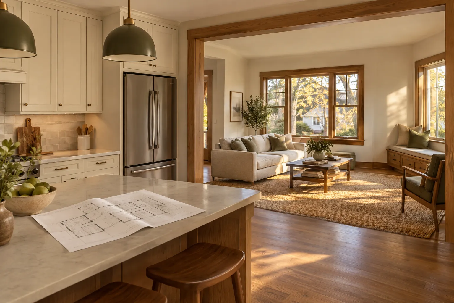 Illustrative home renovation with an oak kitchen, bright living space, and a floor plan on a work surface.