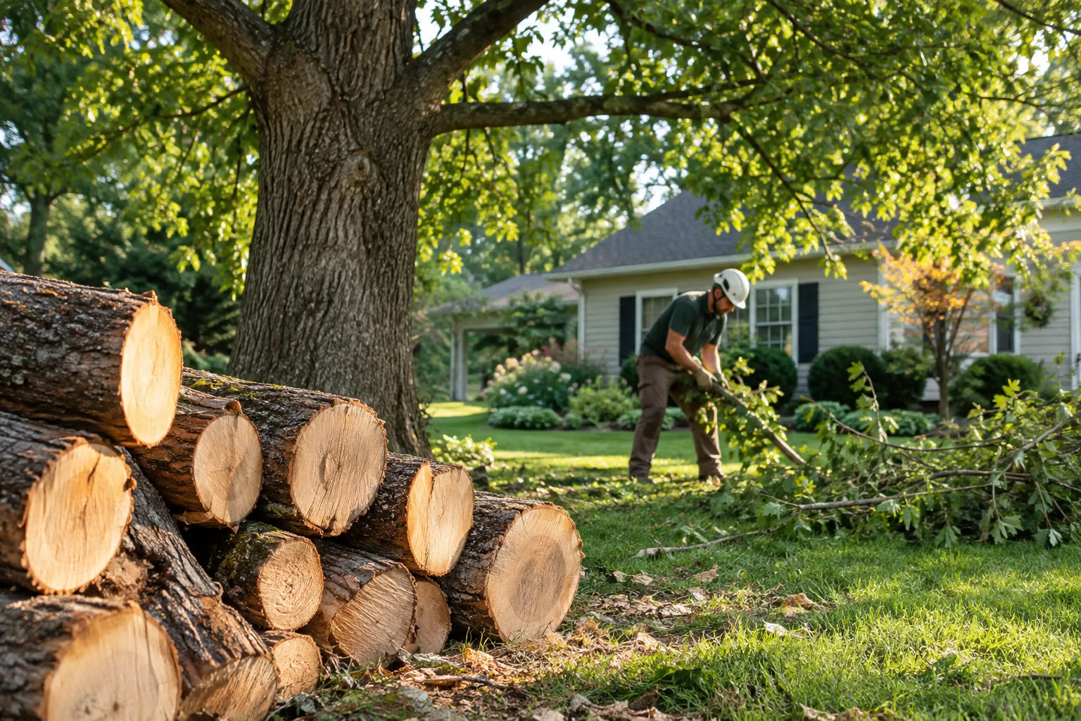 Illustrative tree work scene with cut logs, a tidy lawn, and a worker gathering branches.